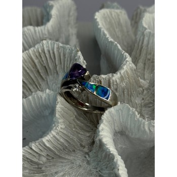 925 Sterling Silver Amethyst & Beryl & Opal Ring Size 7
