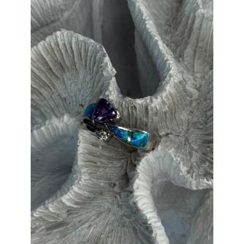 925 Sterling Silver Amethyst & Beryl & Opal Ring Size 7