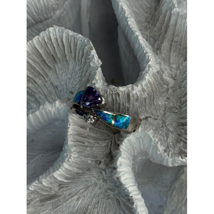 925 Sterling Silver Amethyst & Beryl & Opal Ring Size 7