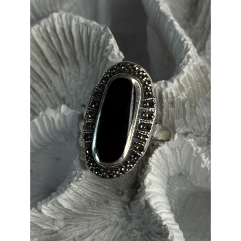 Vintage 925 Sterling Silver Onyx & Marcasite Ring Size 6.5