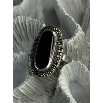 Vintage 925 Sterling Silver Onyx & Marcasite Ring Size 6.5