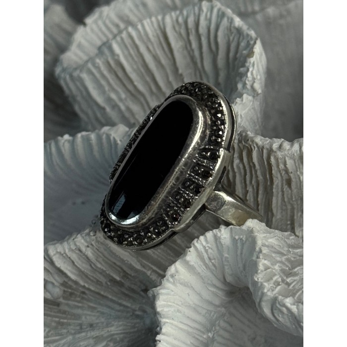 Vintage 925 Sterling Silver Onyx & Marcasite Ring Size 6.5