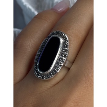 Vintage 925 Sterling Silver Onyx & Marcasite Ring Size 6.5