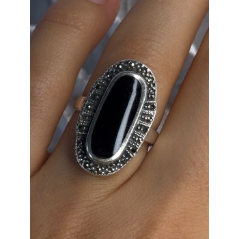Vintage 925 Sterling Silver Onyx & Marcasite Ring Size 6.5