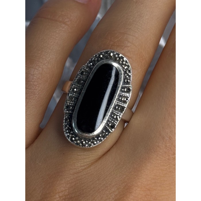 Vintage 925 Sterling Silver Onyx & Marcasite Ring Size 6.5