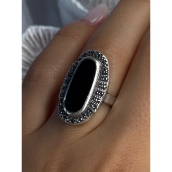 Vintage 925 Sterling Silver Onyx & Marcasite Ring Size 6.5