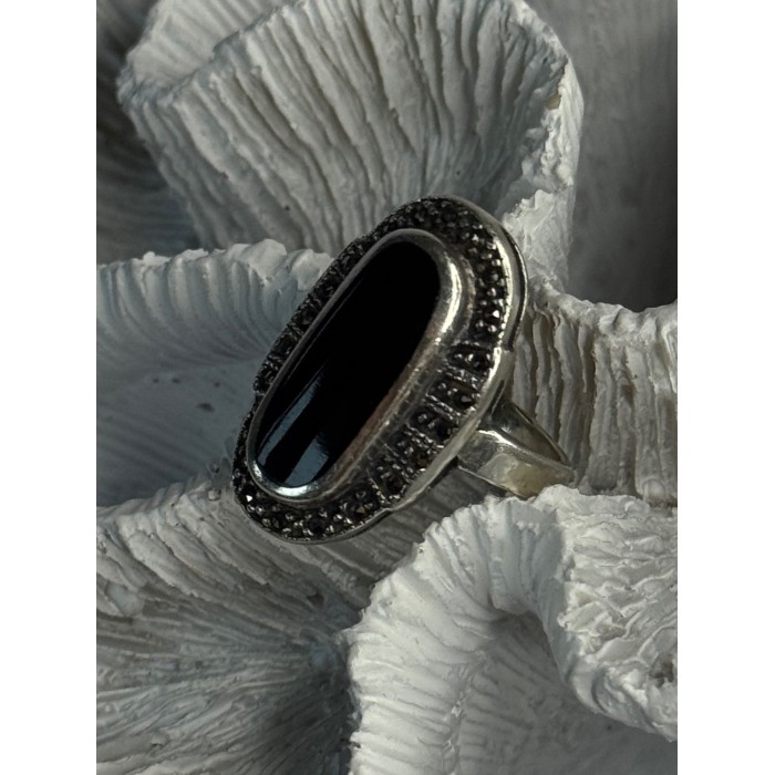 Vintage 925 Sterling Silver Onyx & Marcasite Ring Size 6.5