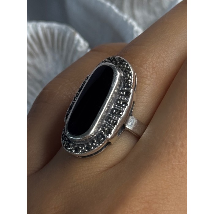 Vintage 925 Sterling Silver Onyx & Marcasite Ring Size 6.5