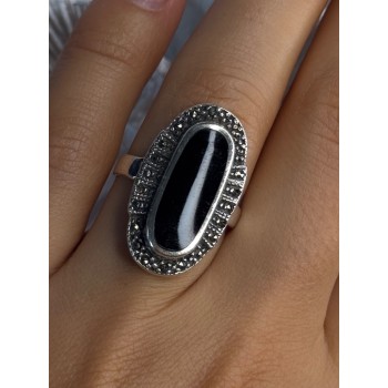 Vintage 925 Sterling Silver Onyx & Marcasite Ring Size 6.5