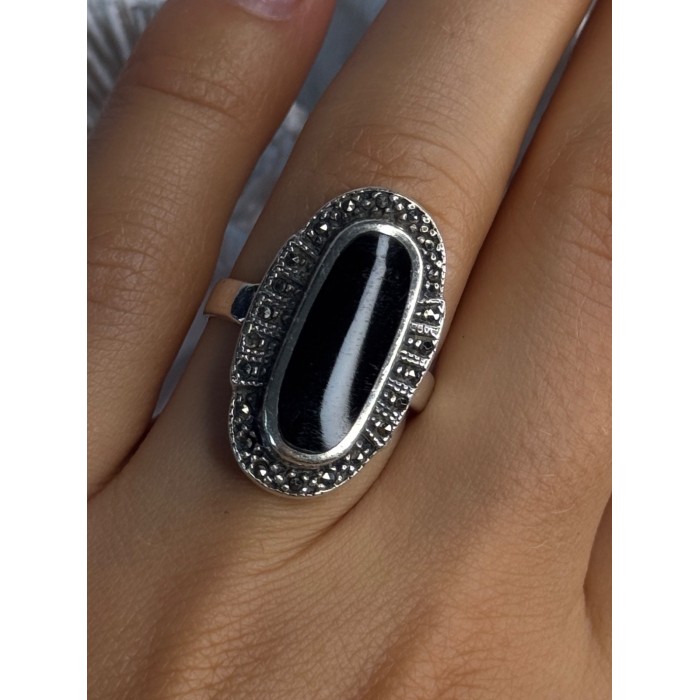 Vintage 925 Sterling Silver Onyx & Marcasite Ring Size 6.5