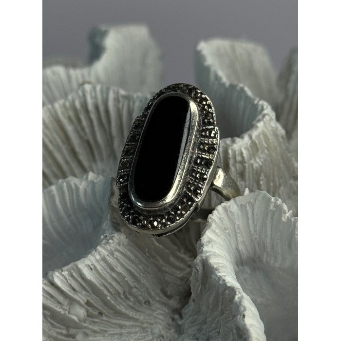 Vintage 925 Sterling Silver Onyx & Marcasite Ring Size 6.5