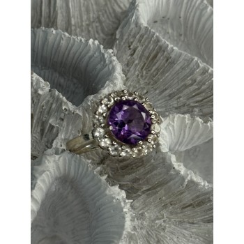 925 Sterling Silver Amethyst & Beryl Ring Size 5.5