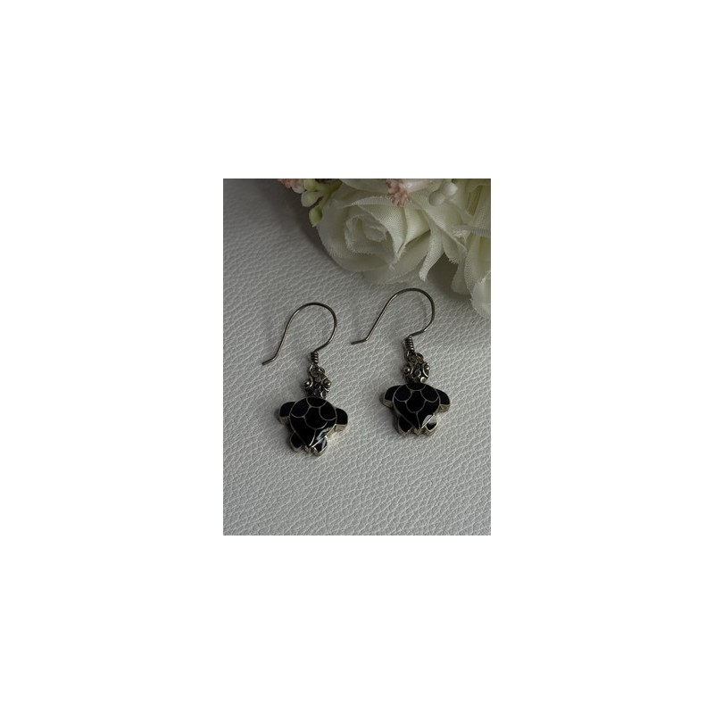 925 Sterling Silver Turtle Black Onyx Earrings Length 1.35 Inch