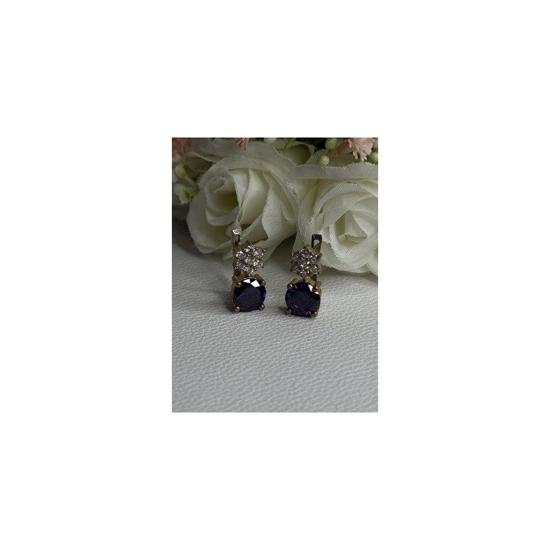 925 Sterling Silver Purple Crystal & CZ Earrings Length 0.70 Inch