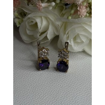925 Sterling Silver Purple Crystal & CZ Earrings Length 0.70 Inch