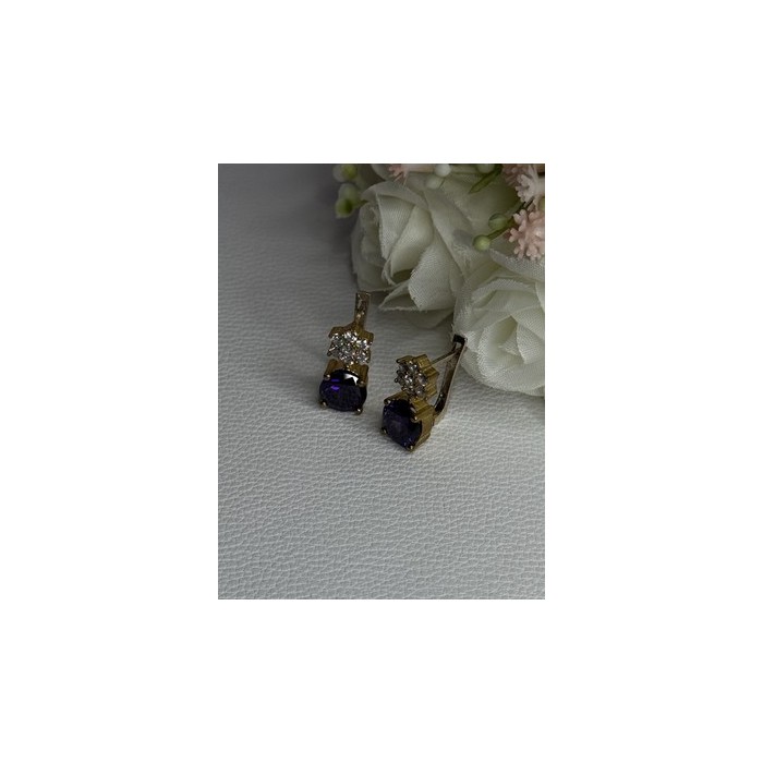 925 Sterling Silver Purple Crystal & CZ Earrings Length 0.70 Inch