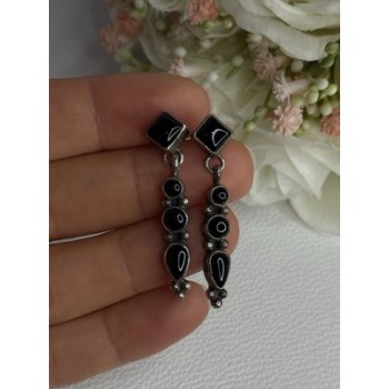Vintage Jeneva J.a. 925 Sterling Silver Black Onyx Earrings Length 1.60 Inch