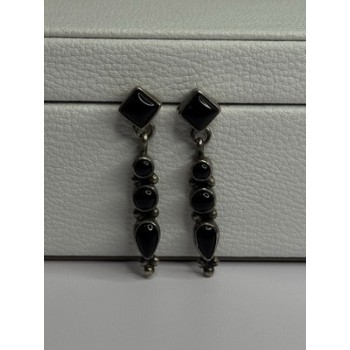 Vintage Jeneva J.a. 925 Sterling Silver Black Onyx Earrings Length 1.60 Inch