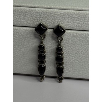 Vintage Jeneva J.a. 925 Sterling Silver Black Onyx Earrings Length 1.60 Inch