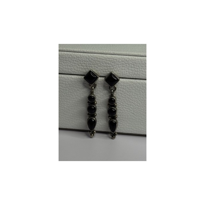Vintage Jeneva J.a. 925 Sterling Silver Black Onyx Earrings Length 1.60 Inch
