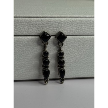 Vintage Jeneva J.a. 925 Sterling Silver Black Onyx Earrings Length 1.60 Inch