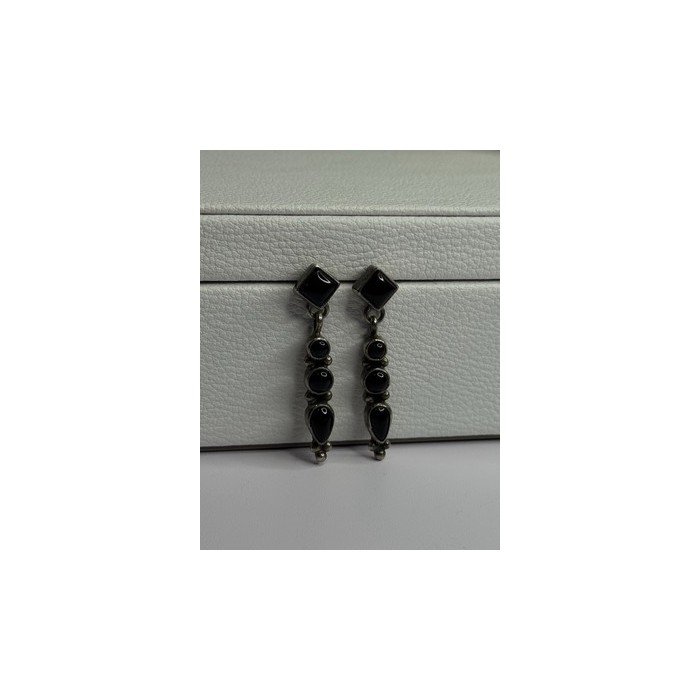 Vintage Jeneva J.a. 925 Sterling Silver Black Onyx Earrings Length 1.60 Inch