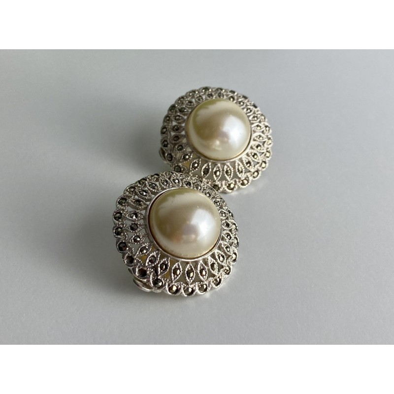 VINTAGE 925 STERLING SILVER PEARL & MARCASITES CLIP-ON EARRINGS