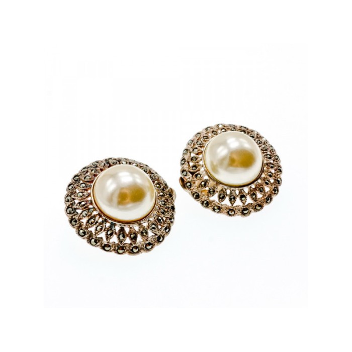 VINTAGE 925 STERLING SILVER PEARL & MARCASITES CLIP-ON EARRINGS