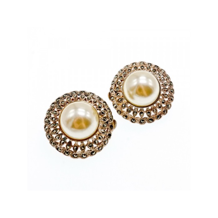 VINTAGE 925 STERLING SILVER PEARL & MARCASITES CLIP-ON EARRINGS