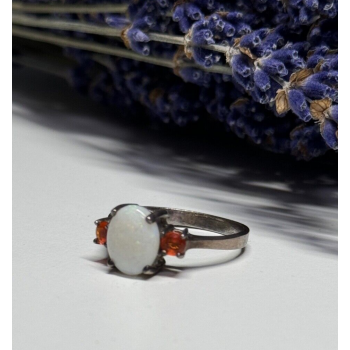 925 Sterling Silver Opal & Hessonite Ring Size 8