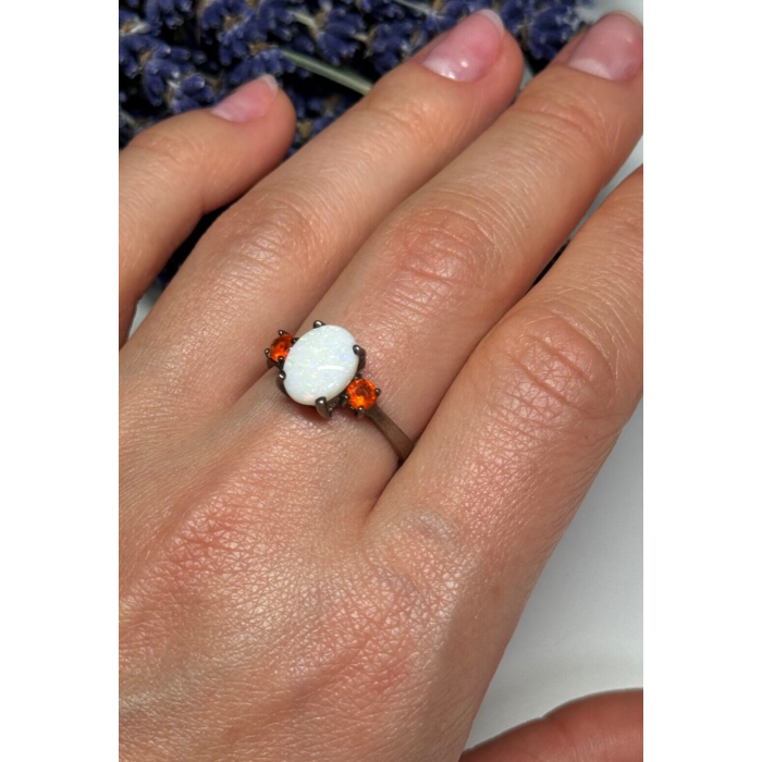 925 Sterling Silver Opal & Hessonite Ring Size 8
