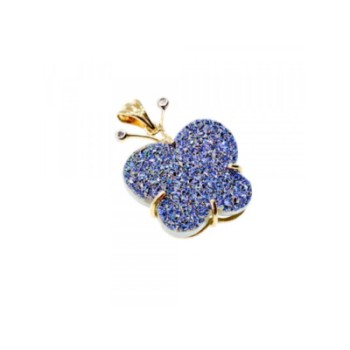 10K YELLOW GOLD DRUZY QUARTZ & DIAMONDS BUTTERFLY PENDANT