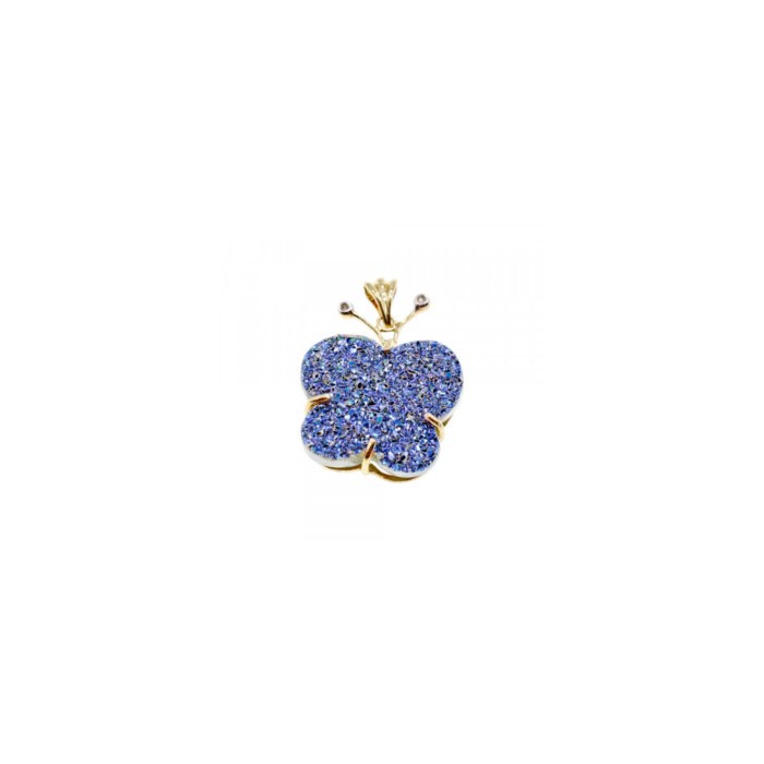 10K YELLOW GOLD DRUZY QUARTZ & DIAMONDS BUTTERFLY PENDANT