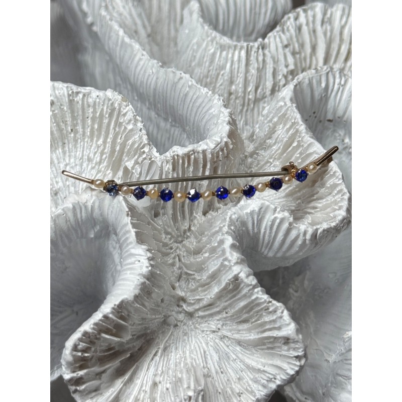 10K YELLOW GOLD SAPPHIRE & PEARLS BROOCH LENGTH 2 INCH