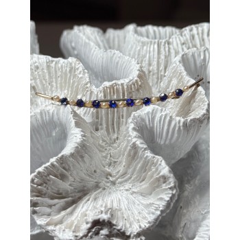 10K YELLOW GOLD SAPPHIRE & PEARLS BROOCH LENGTH 2 INCH