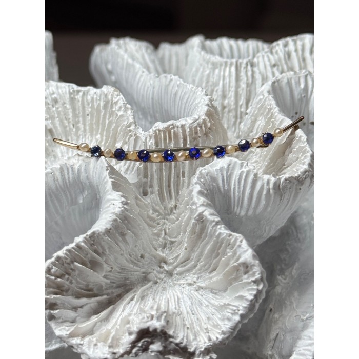 10K YELLOW GOLD SAPPHIRE & PEARLS BROOCH LENGTH 2 INCH