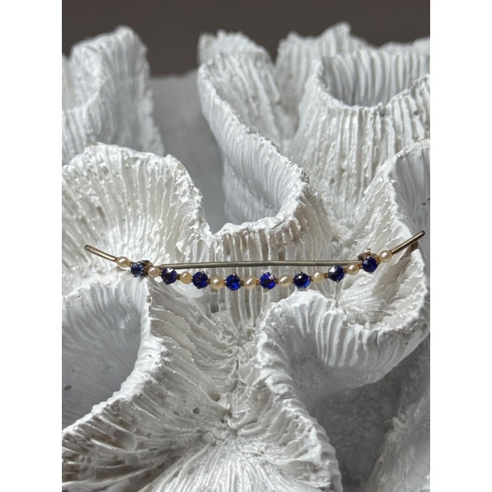10K YELLOW GOLD SAPPHIRE & PEARLS BROOCH LENGTH 2 INCH