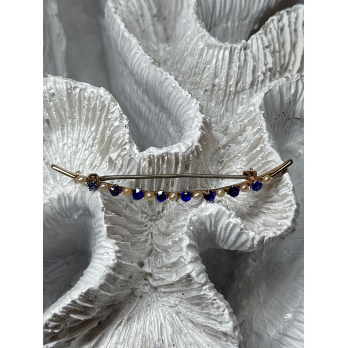 10K YELLOW GOLD SAPPHIRE & PEARLS BROOCH LENGTH 2 INCH