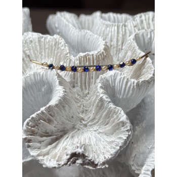 10K YELLOW GOLD SAPPHIRE & PEARLS BROOCH LENGTH 2 INCH