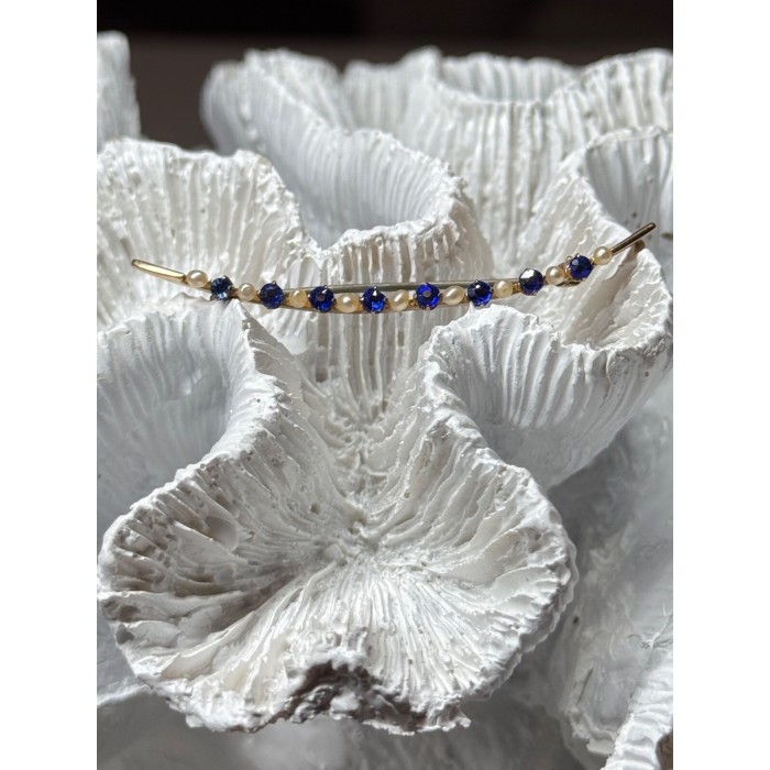 10K YELLOW GOLD SAPPHIRE & PEARLS BROOCH LENGTH 2 INCH