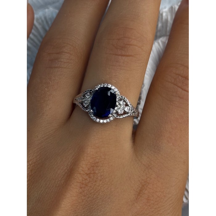 925 Sterling Silver Sapphire & Diamonds Ring Size 9