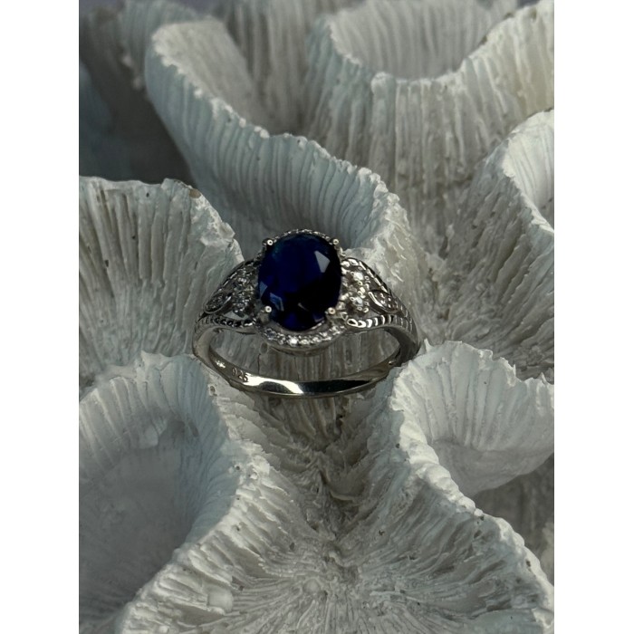 925 Sterling Silver Sapphire & Diamonds Ring Size 9