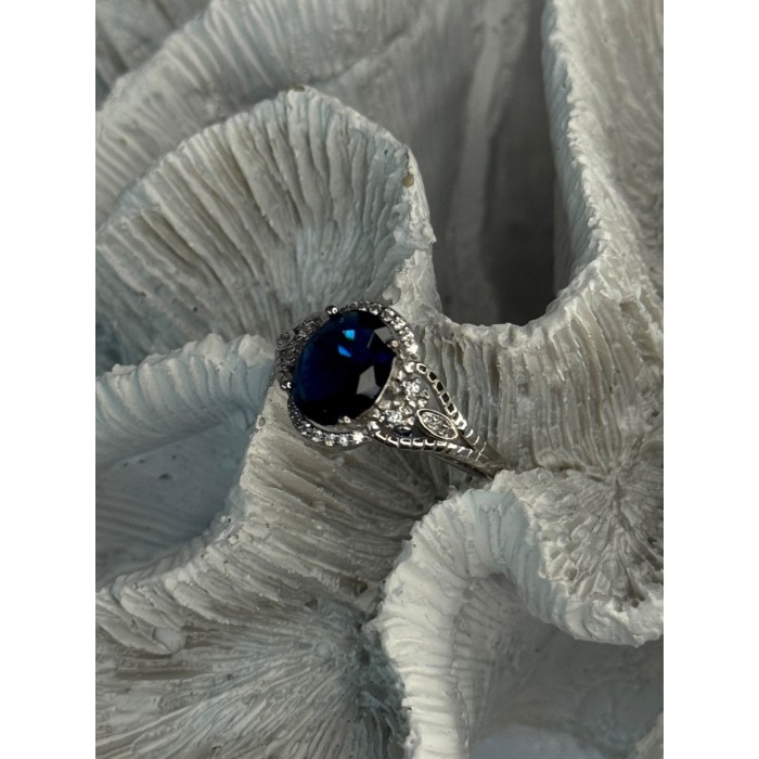 925 Sterling Silver Sapphire & Diamonds Ring Size 9