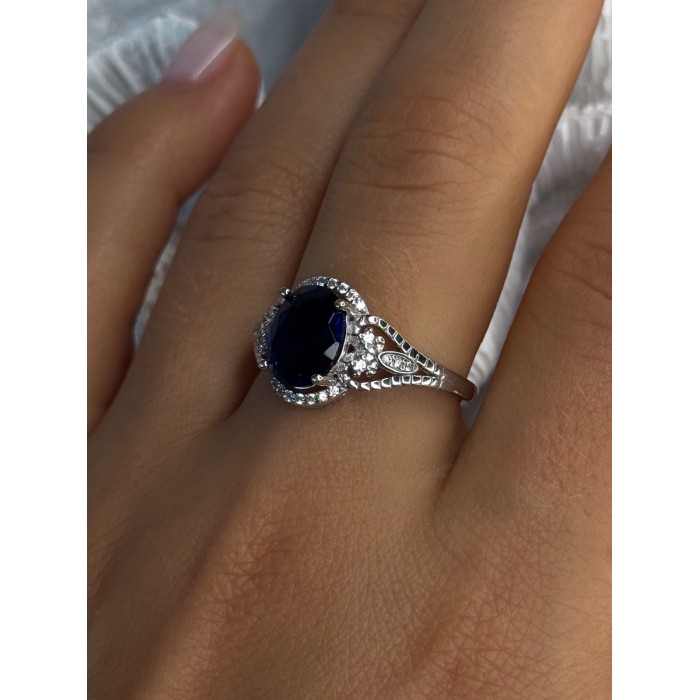 925 Sterling Silver Sapphire & Diamonds Ring Size 9