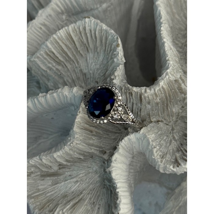 925 Sterling Silver Sapphire & Diamonds Ring Size 9