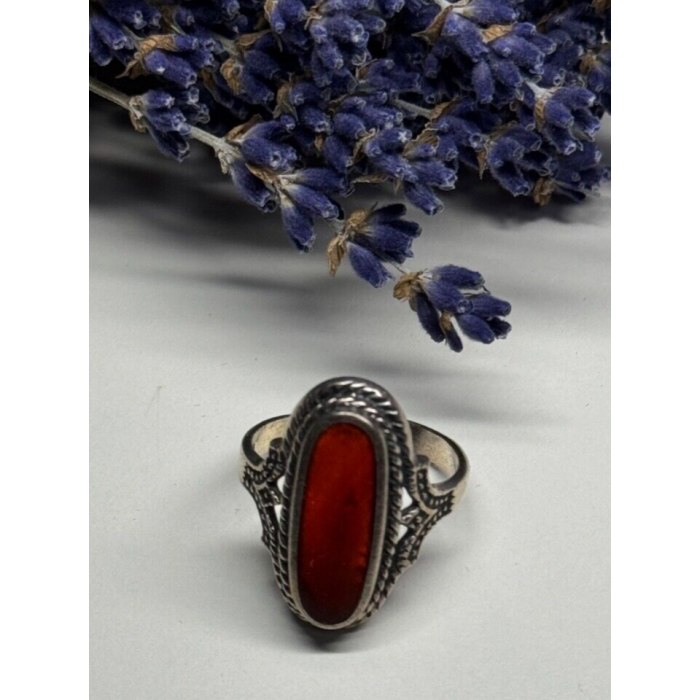 925 Sterling Silver Amber Ring Size 8