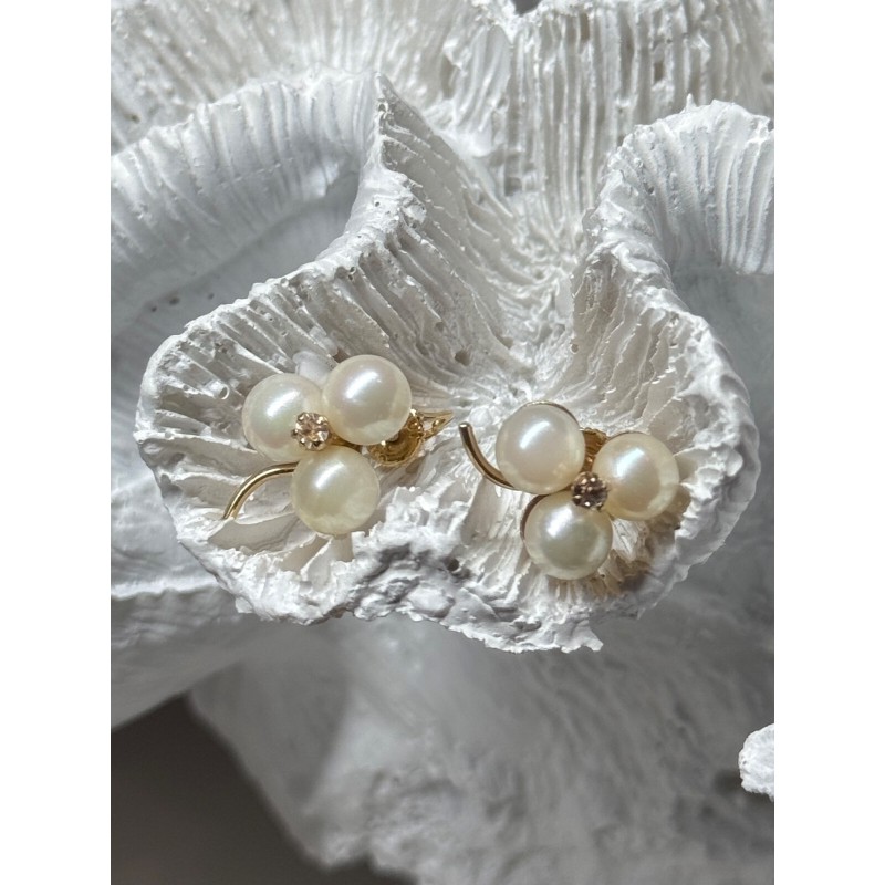 10K YELLOW GOLD PEARLS & DIAMONDS EARRINGS LENGTH 0.5 INCH