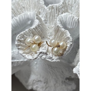 10K YELLOW GOLD PEARLS & DIAMONDS EARRINGS LENGTH 0.5 INCH