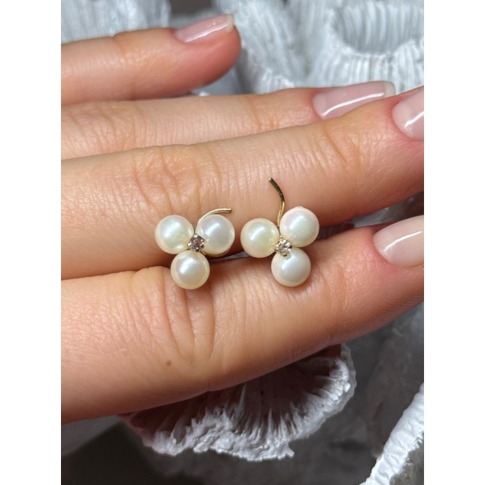 10K YELLOW GOLD PEARLS & DIAMONDS EARRINGS LENGTH 0.5 INCH