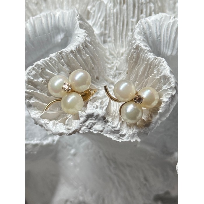 10K YELLOW GOLD PEARLS & DIAMONDS EARRINGS LENGTH 0.5 INCH
